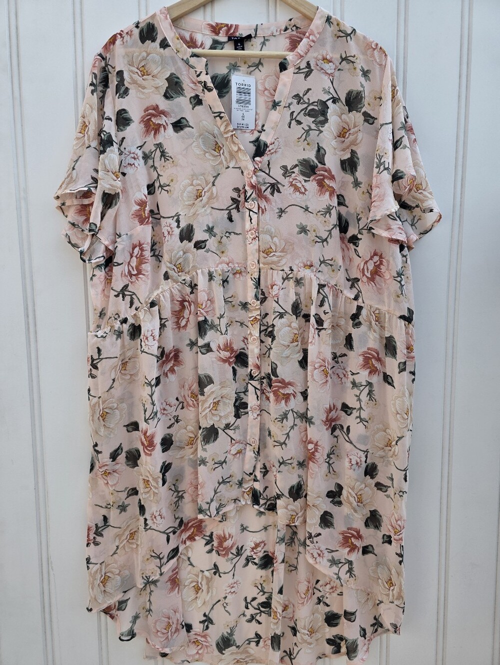 Torrid Lexie Light Peach Blush Pink Floral Chiffon Hi Lo Babydoll Tunic Top 4X